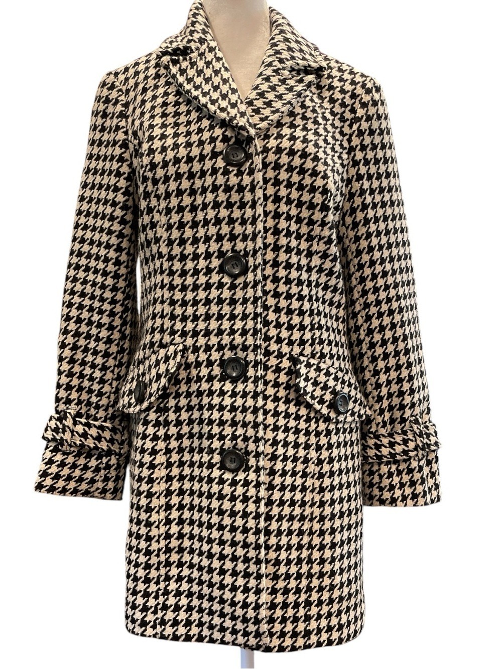 Wool Blend Houndstooth Car Coat Womens Small Black Ivory Classic - Picture 3 of 8